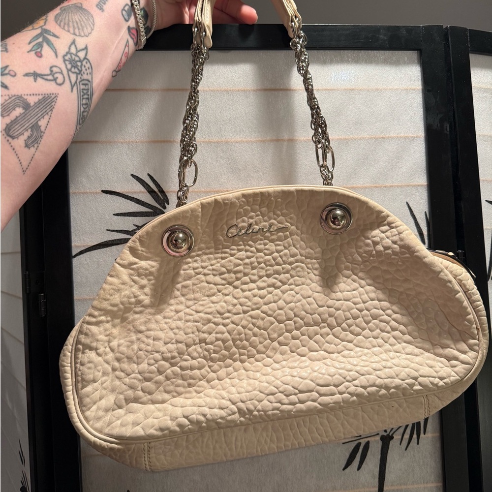 Celine vintage authentic cream over shoulder bag with chain